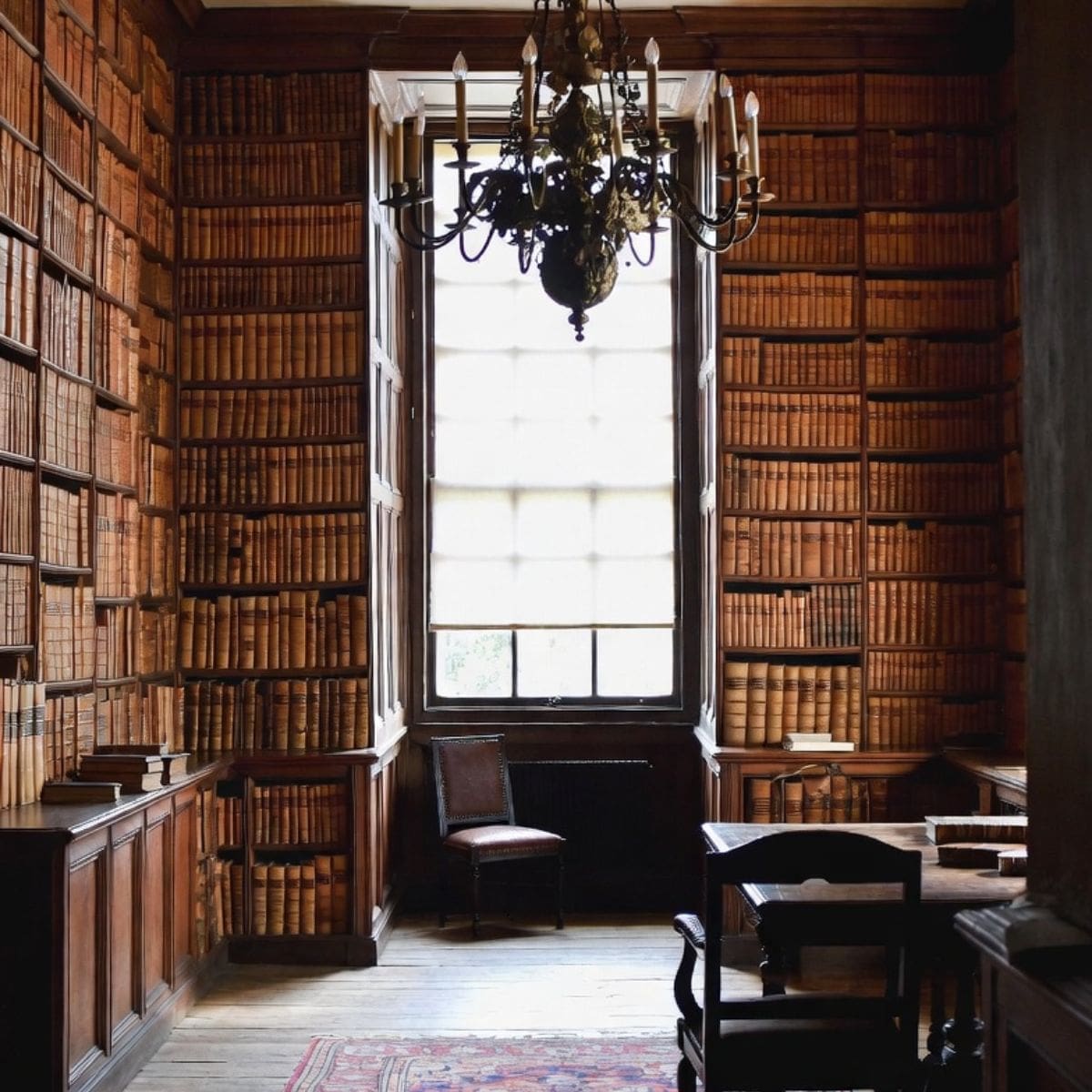 Interior of the Haunted Library of Gwydir Castle, showing tall wooden bookcases filled with historic volumes, a central window, and period furniture creating a quiet, atmospheric setting.