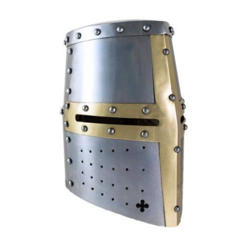 The Great Helm – Medieval Helmet Replica features sturdy metal construction and distinctive ventilation holes.