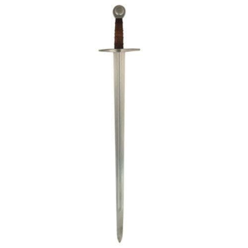 The Sir William Marshal Sword – Medieval Replica features a double-edged straight steel blade, simple cross-guard, round pommel, and a grip wrapped in brown leather for an authentic medieval look.